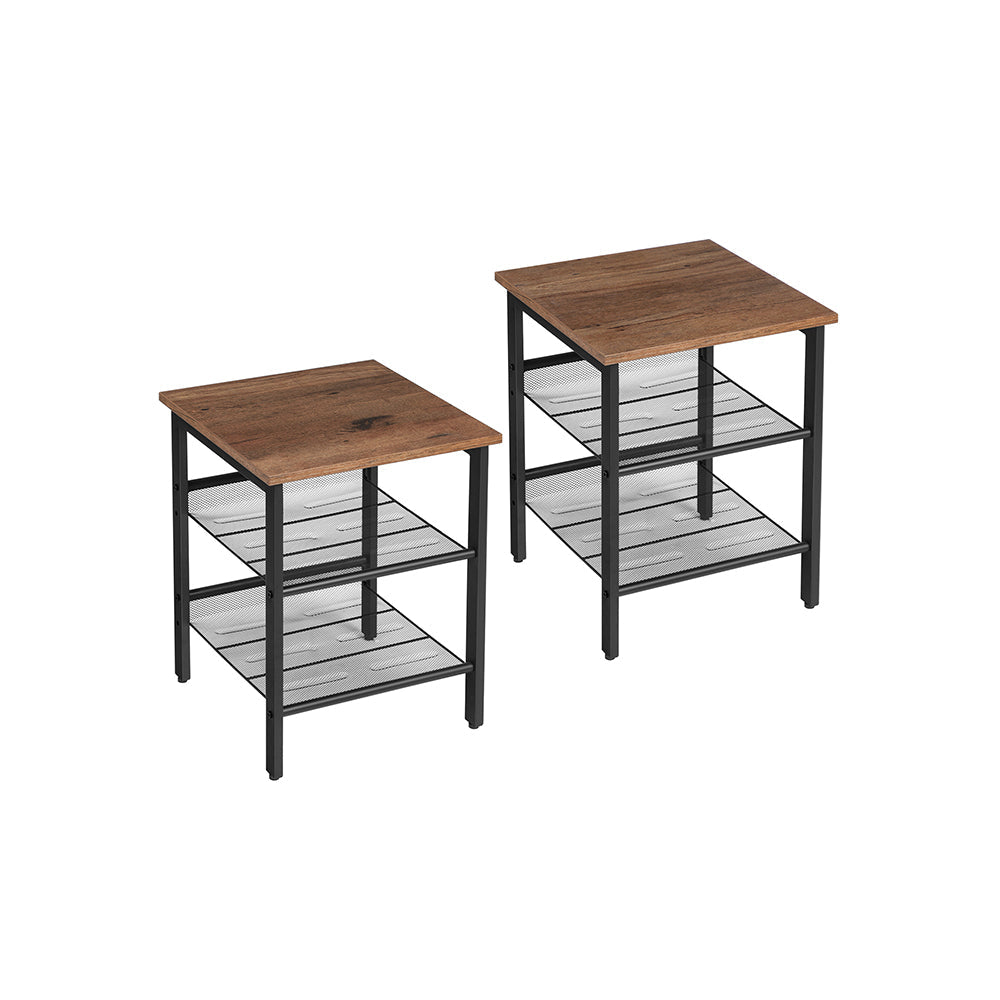 Set of 2 Nightstands – Wood and Metal – Hazelnut Brown – Adjustable Mesh Shelves