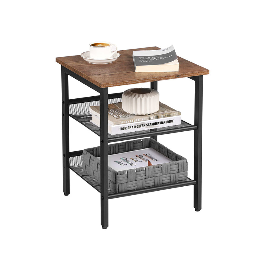 Set of 2 Nightstands – Wood and Metal – Hazelnut Brown – Adjustable Mesh Shelves