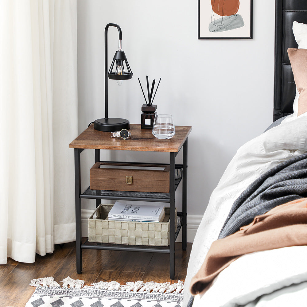 Set of 2 Nightstands – Wood and Metal – Hazelnut Brown – Adjustable Mesh Shelves