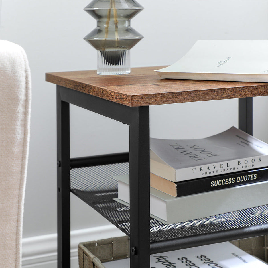 Set of 2 Nightstands – Wood and Metal – Hazelnut Brown – Adjustable Mesh Shelves