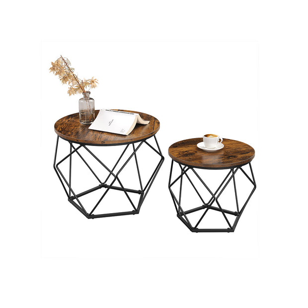 Coffee Table Set – Steel Frame – Rustic Brown and Black – Set of 2 Side Tables