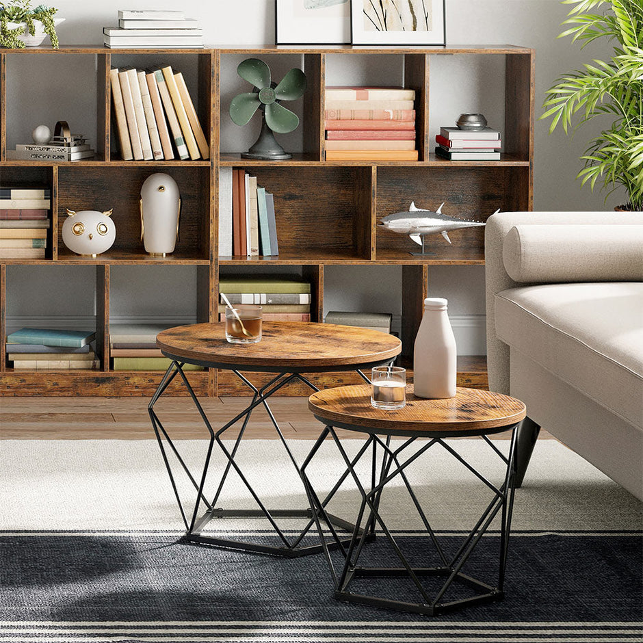 Coffee Table Set – Steel Frame – Rustic Brown and Black – Set of 2 Side Tables