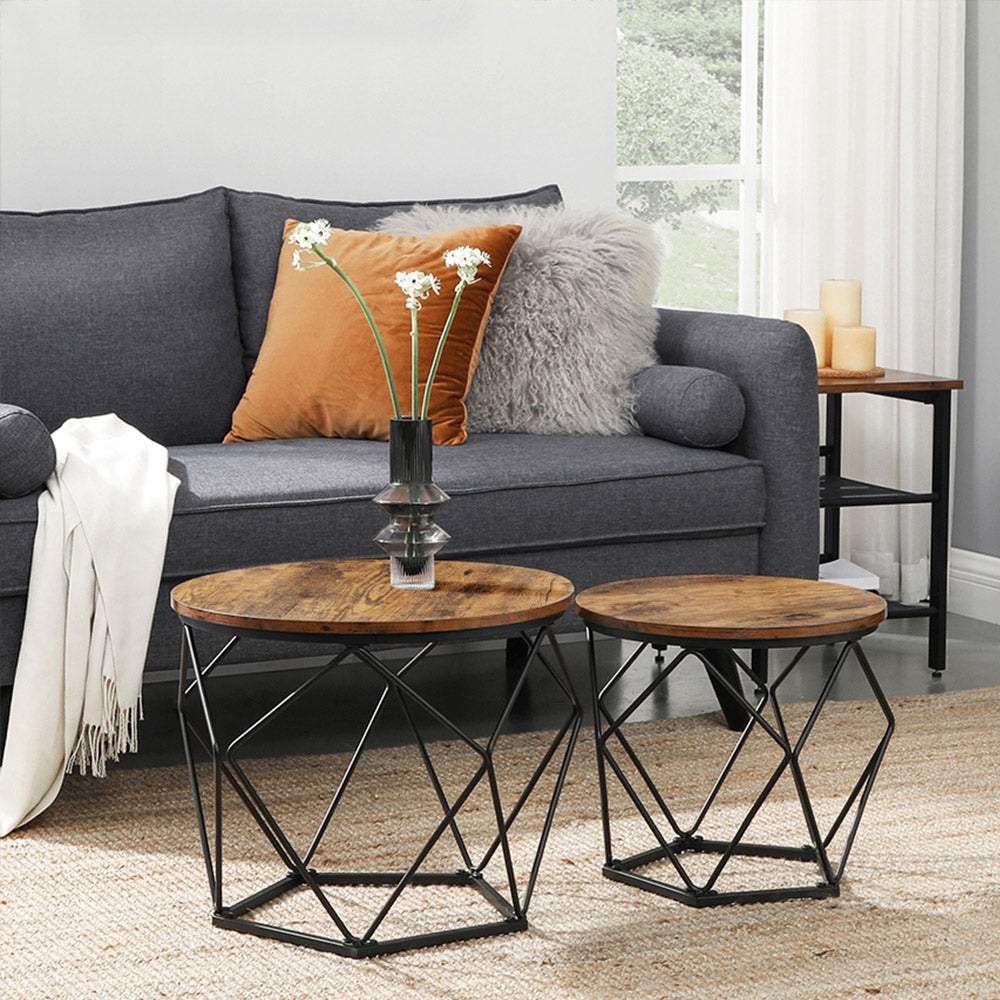 Coffee Table Set – Steel Frame – Rustic Brown and Black – Set of 2 Side Tables