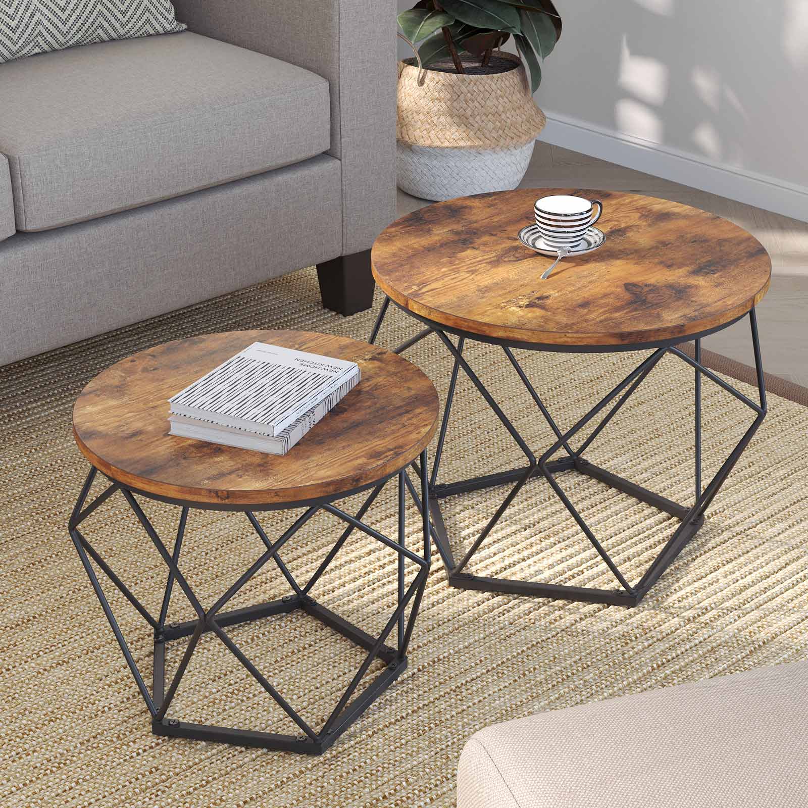 Coffee Table Set – Steel Frame – Rustic Brown and Black – Set of 2 Side Tables