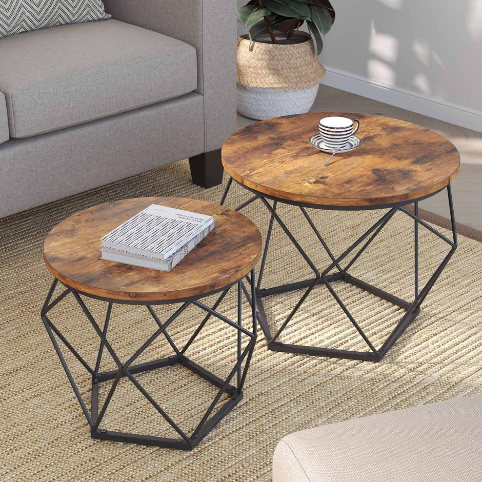 Coffee Table Set – Steel Frame – Rustic Brown and Black – Set of 2 Side Tables