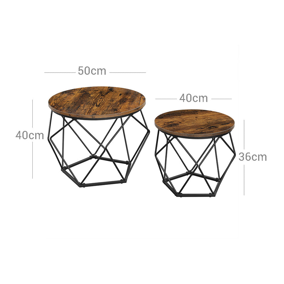 Coffee Table Set – Steel Frame – Rustic Brown and Black – Set of 2 Side Tables