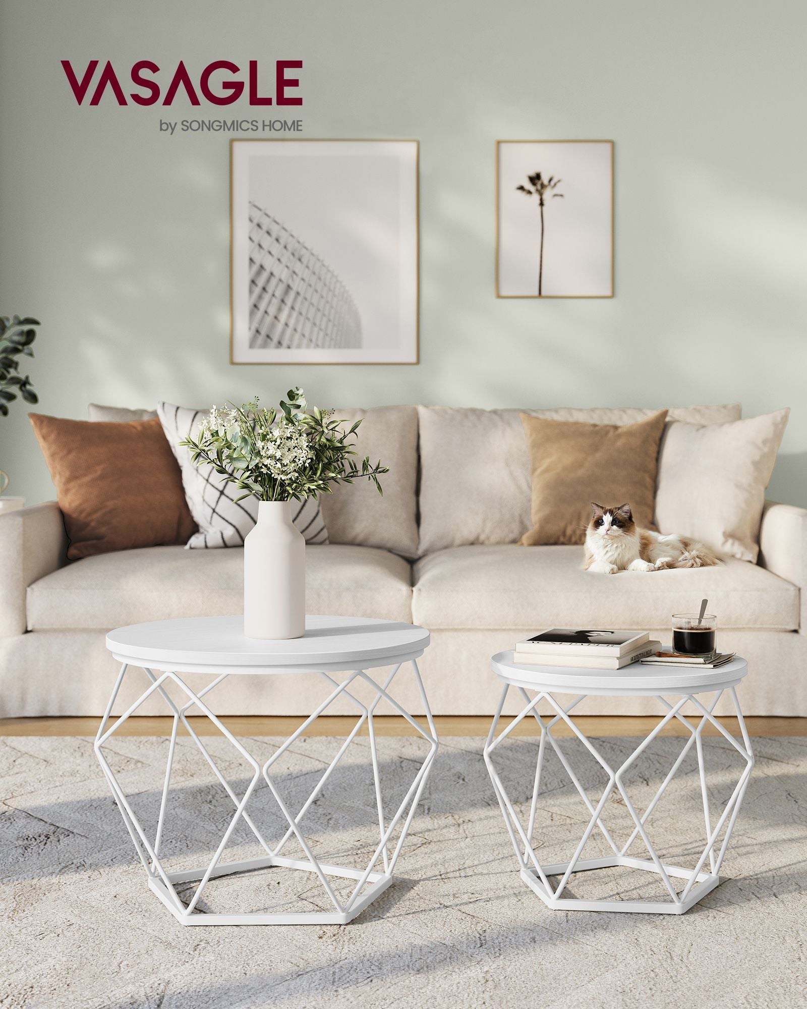 Set of 2 Round Coffee Tables – Steel – Snow White and Cloud White – Robust Design for Living Room and Bedroom