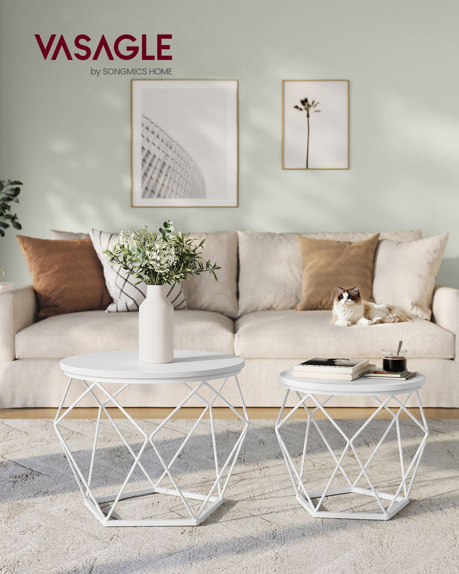 Set of 2 Round Coffee Tables – Steel – Snow White and Cloud White – Robust Design for Living Room and Bedroom