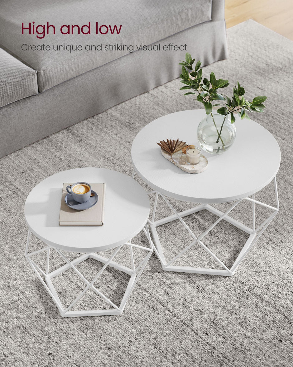 Set of 2 Round Coffee Tables – Steel – Snow White and Cloud White – Robust Design for Living Room and Bedroom
