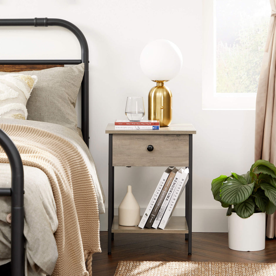Nightstand – Steel Frame – Hazelnut Brown and Black – With Drawer and Shelf