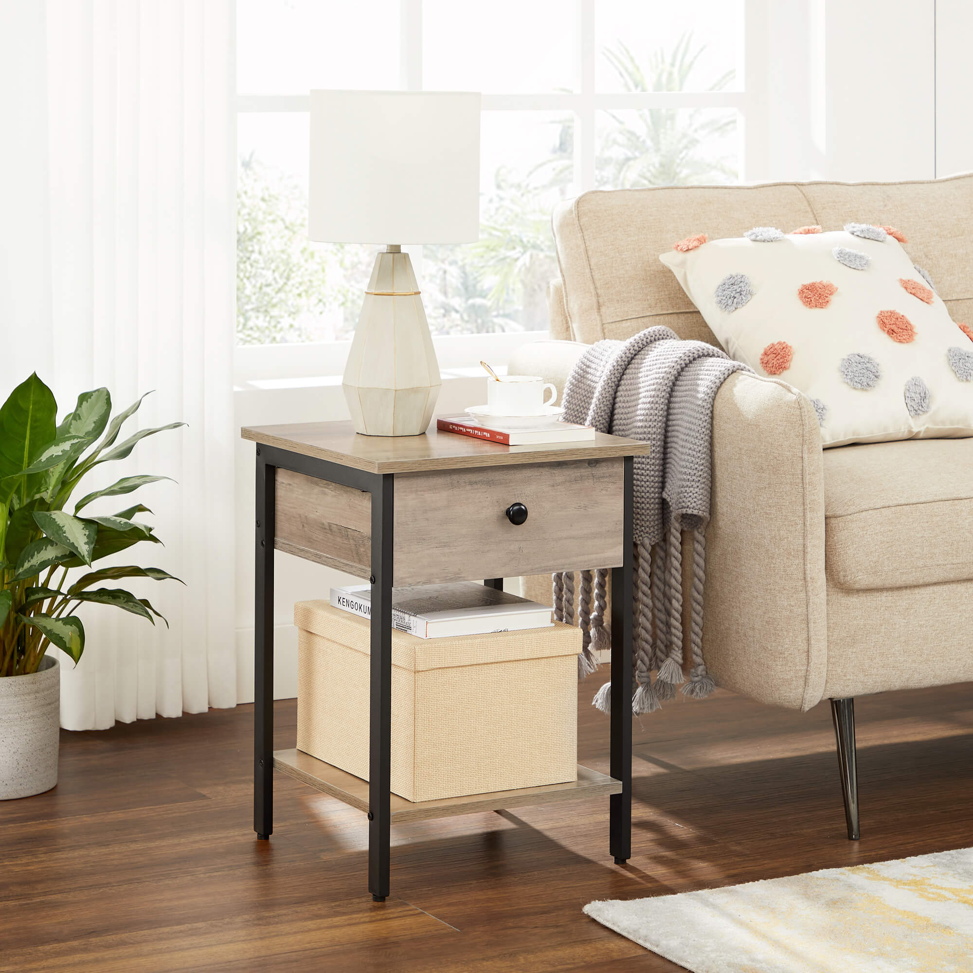 Nightstand – Steel Frame – Hazelnut Brown and Black – With Drawer and Shelf