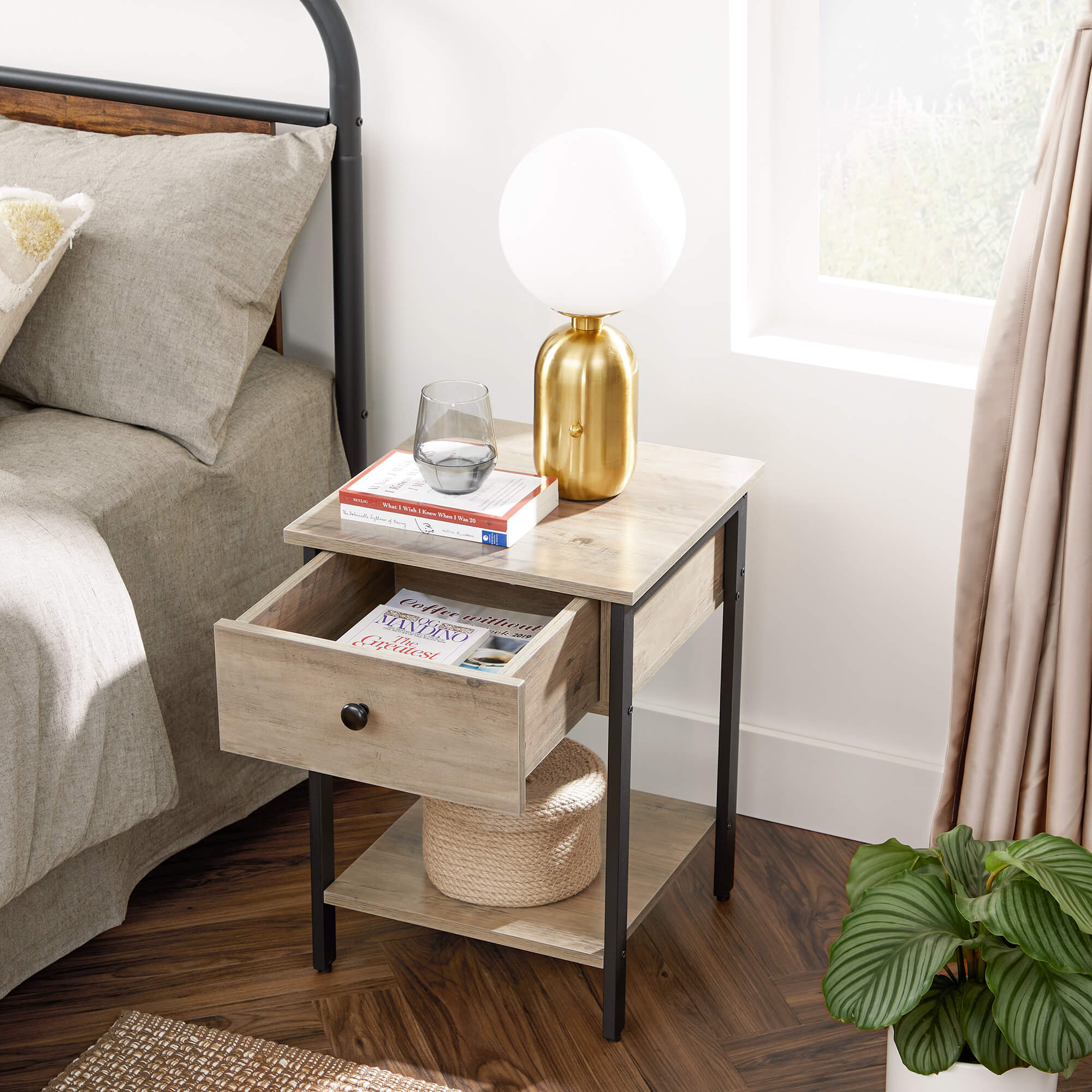 Nightstand – Steel Frame – Hazelnut Brown and Black – With Drawer and Shelf