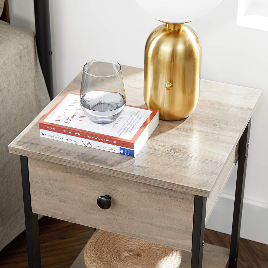 Nightstand – Steel Frame – Hazelnut Brown and Black – With Drawer and Shelf