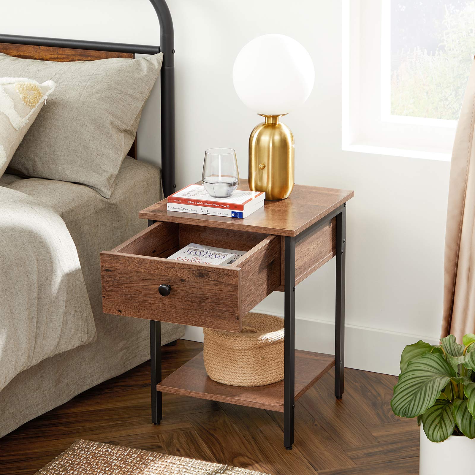 Nightstand – Steel Frame – Hazelnut Brown and Black – With Drawer and Shelf