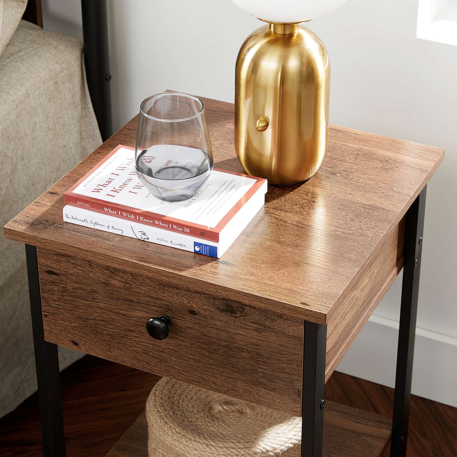 Nightstand – Steel Frame – Hazelnut Brown and Black – With Drawer and Shelf