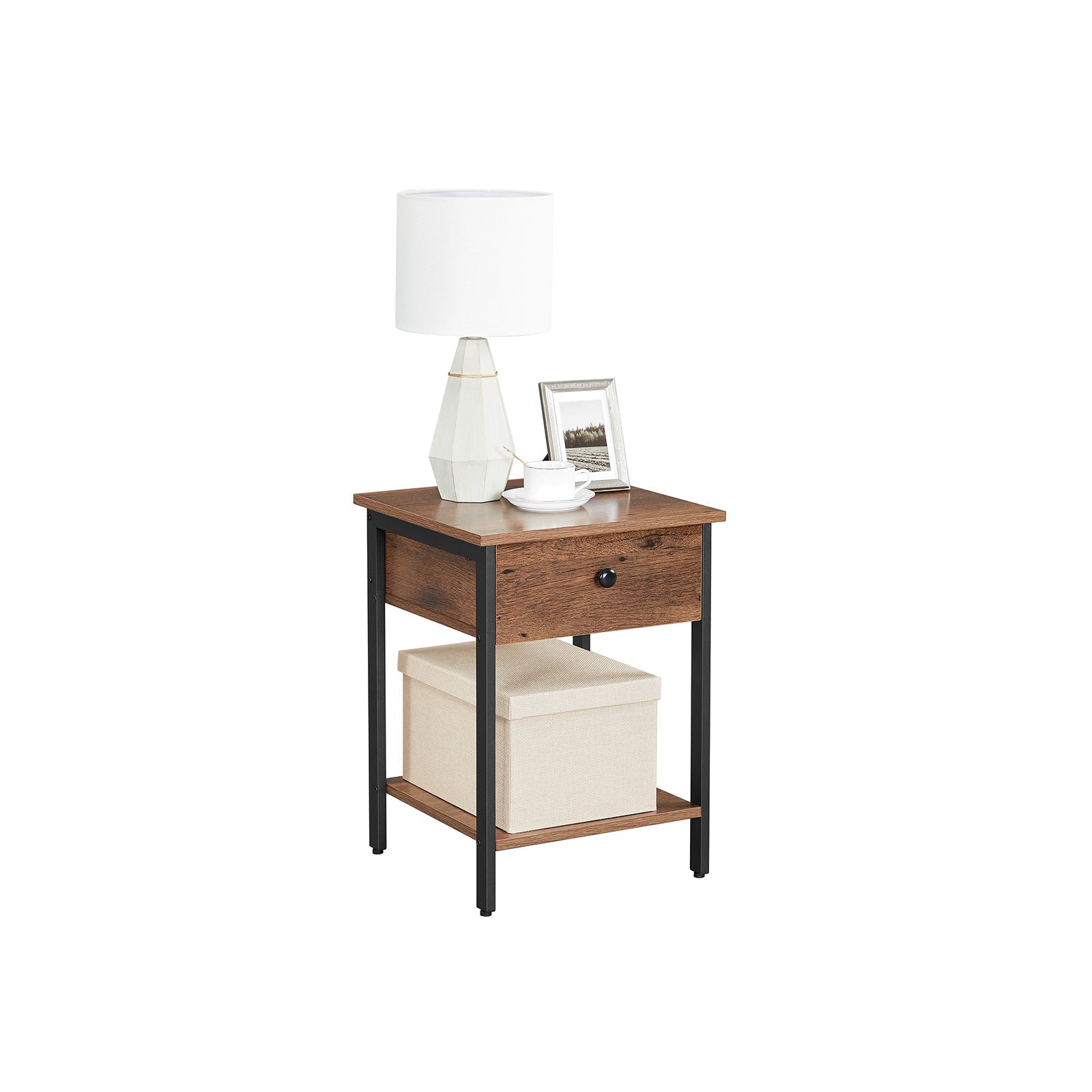 Nightstand – Steel Frame – Hazelnut Brown and Black – With Drawer and Shelf