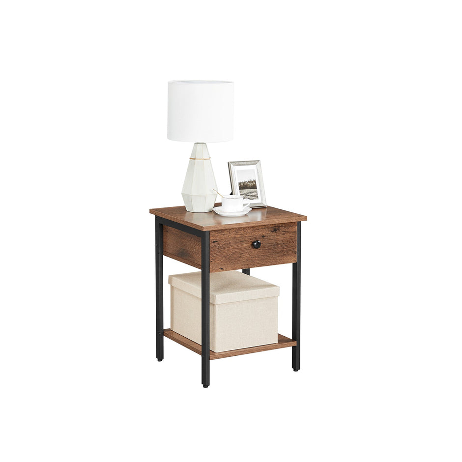 Nightstand – Steel Frame – Hazelnut Brown and Black – With Drawer and Shelf