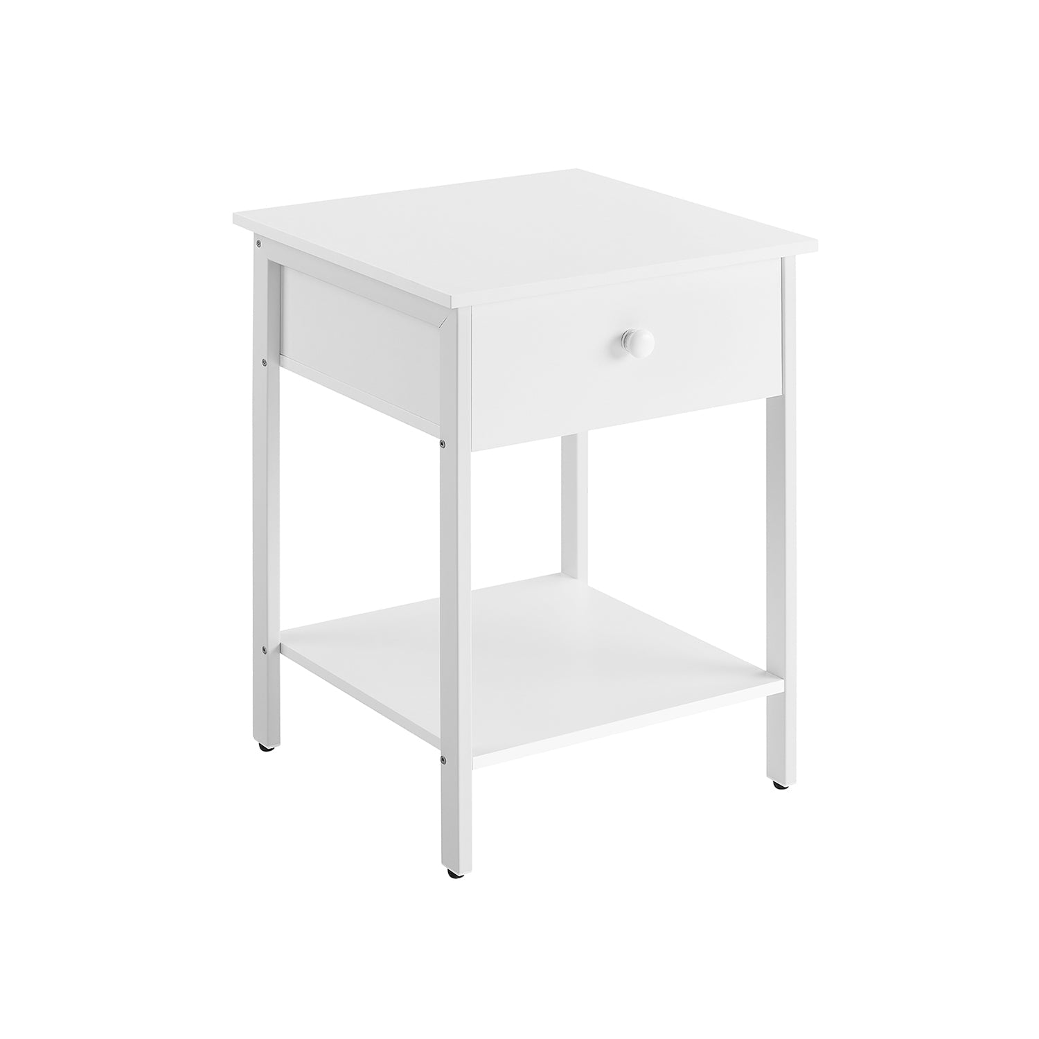 Bedside Table – Steel Frame – Matte White – With Drawer and Shelf