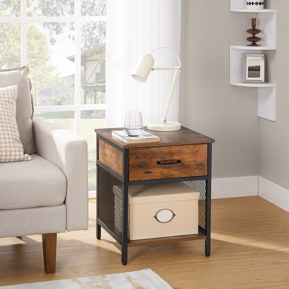 Nightstand – Steel – Rustic Brown and Black – 1 Drawer and Open Compartment
