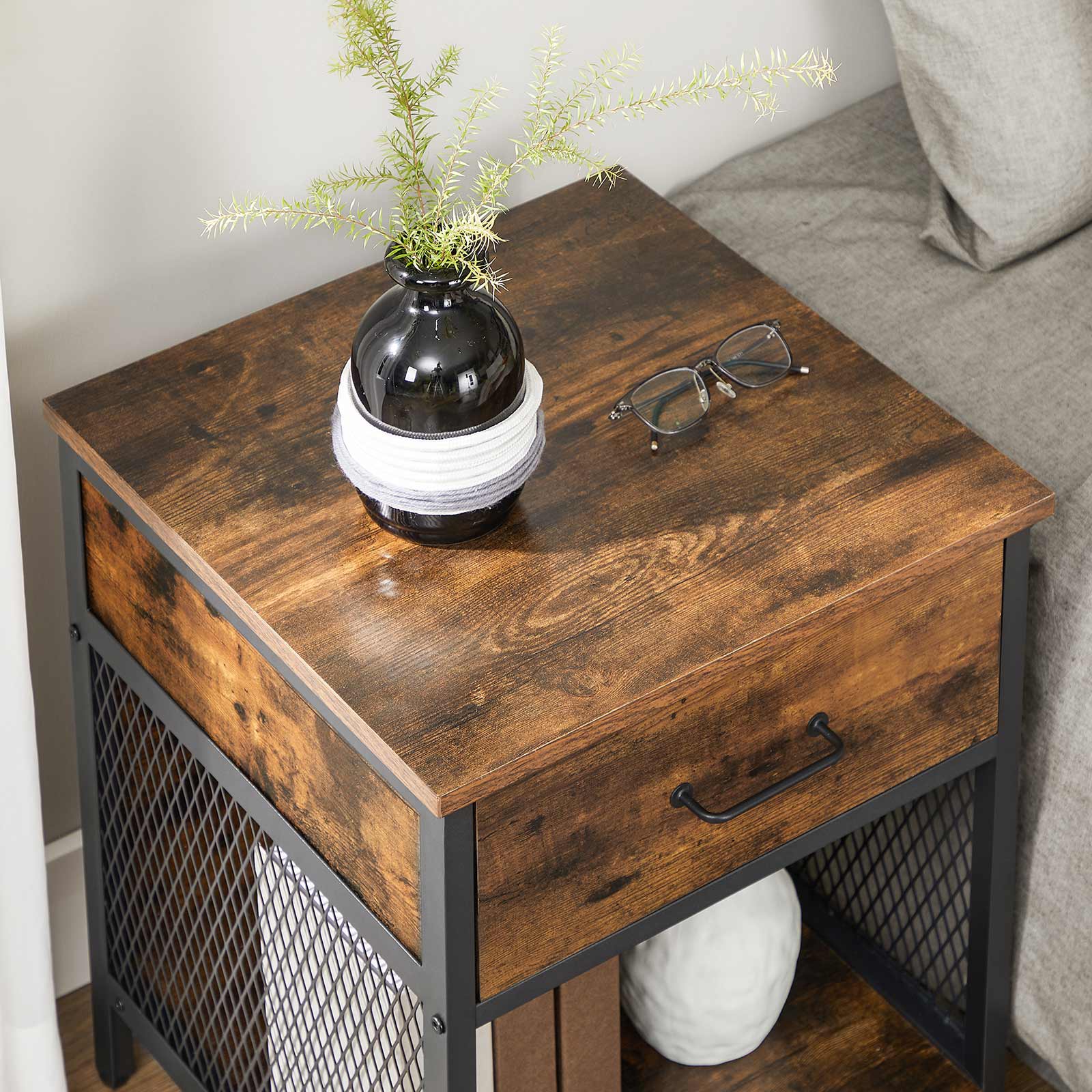 Nightstand – Steel – Rustic Brown and Black – 1 Drawer and Open Compartment