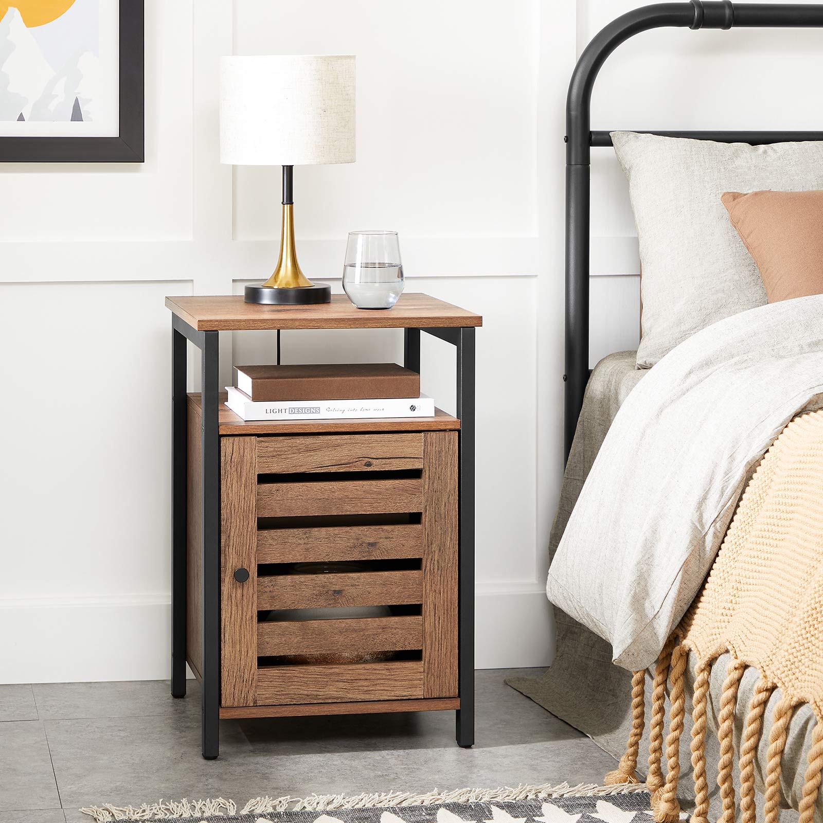 Nightstand – Steel – Hazelnut Brown and Black – 2 Adjustable Shelves, Industrial Style