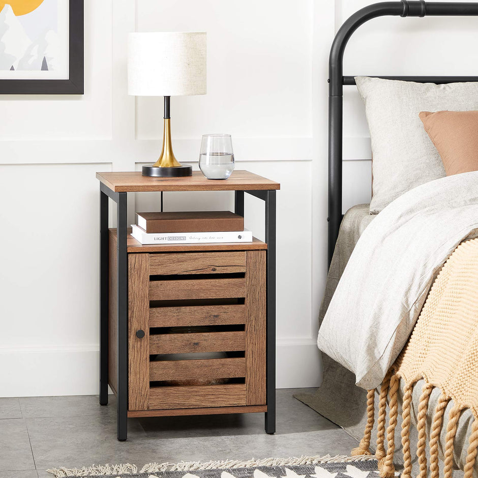Nightstand – Steel – Hazelnut Brown and Black – 2 Adjustable Shelves, Industrial Style