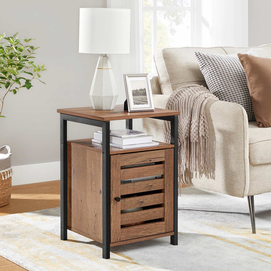 Nightstand – Steel – Hazelnut Brown and Black – 2 Adjustable Shelves, Industrial Style