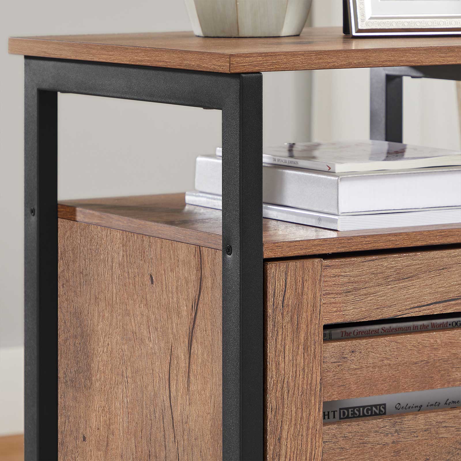 Nightstand – Steel – Hazelnut Brown and Black – 2 Adjustable Shelves, Industrial Style