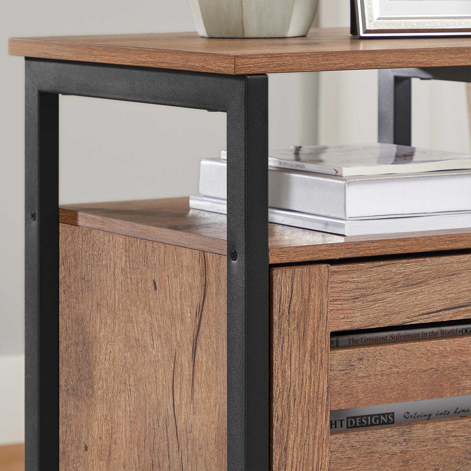 Nightstand – Steel – Hazelnut Brown and Black – 2 Adjustable Shelves, Industrial Style