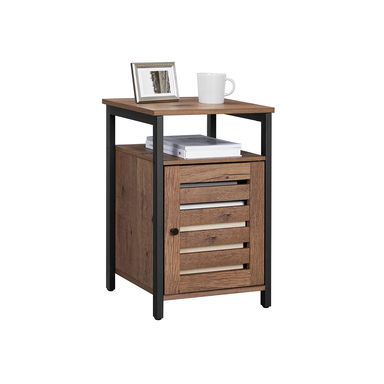 Nightstand – Steel – Hazelnut Brown and Black – 2 Adjustable Shelves, Industrial Style