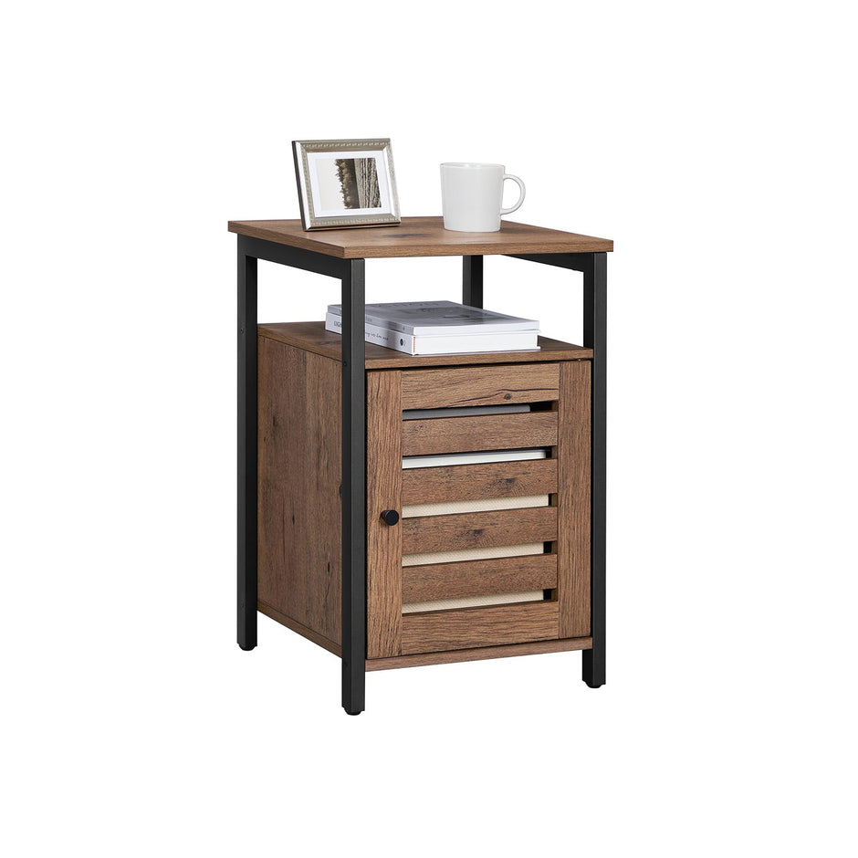 Nightstand – Steel – Hazelnut Brown and Black – 2 Adjustable Shelves, Industrial Style