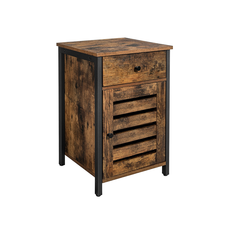 Nightstand – Metal Frame – Rustic Brown and Black – Shutter Door with Storage