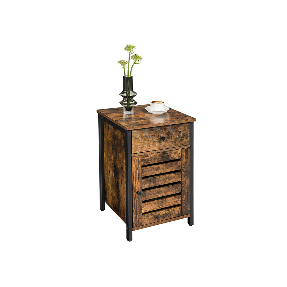 Nightstand – Metal Frame – Rustic Brown and Black – Shutter Door with Storage