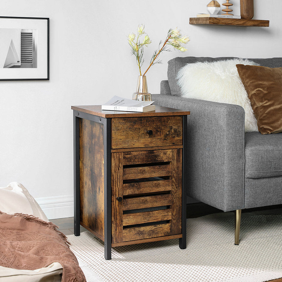 Nightstand – Metal Frame – Rustic Brown and Black – Shutter Door with Storage