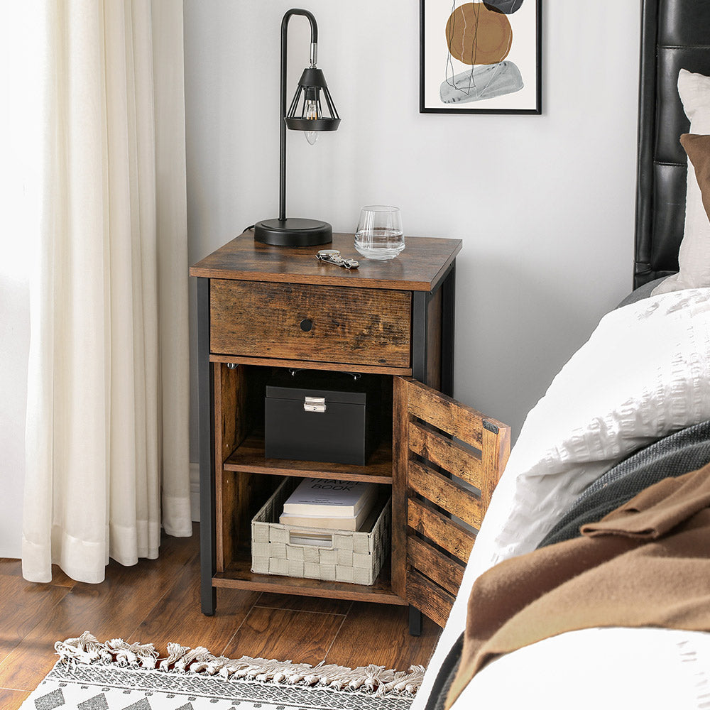Nightstand – Metal Frame – Rustic Brown and Black – Shutter Door with Storage