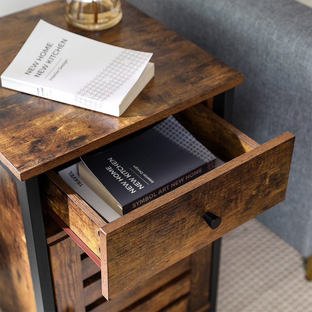 Nightstand – Metal Frame – Rustic Brown and Black – Shutter Door with Storage