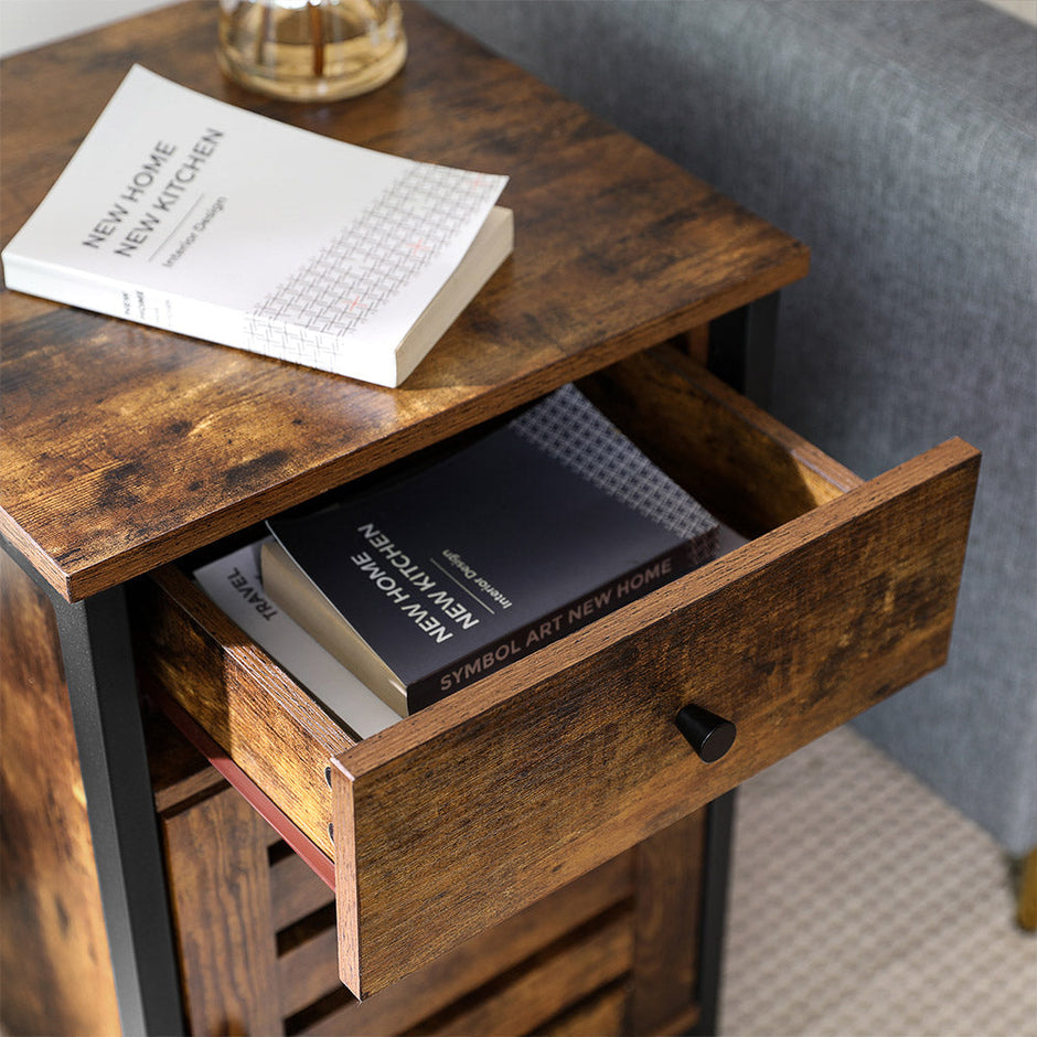 Nightstand – Metal Frame – Rustic Brown and Black – Shutter Door with Storage