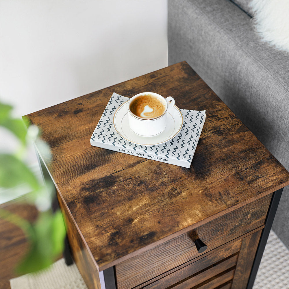 Nightstand – Metal Frame – Rustic Brown and Black – Shutter Door with Storage