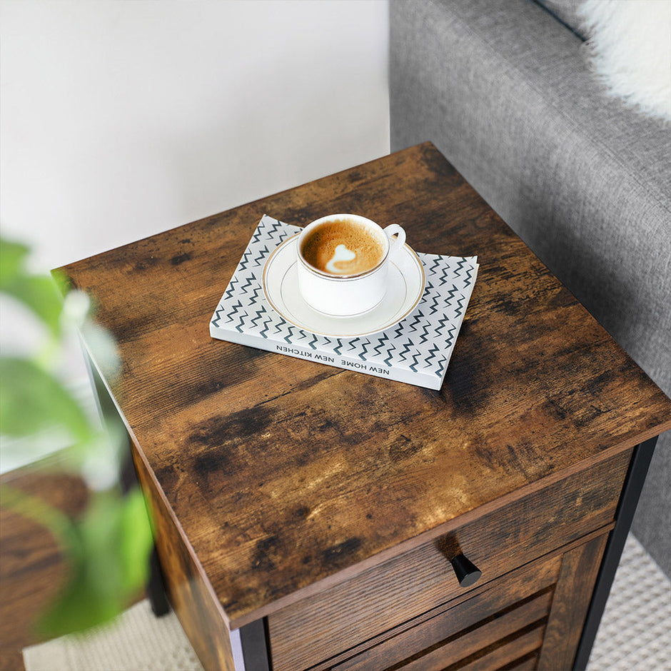 Nightstand – Metal Frame – Rustic Brown and Black – Shutter Door with Storage