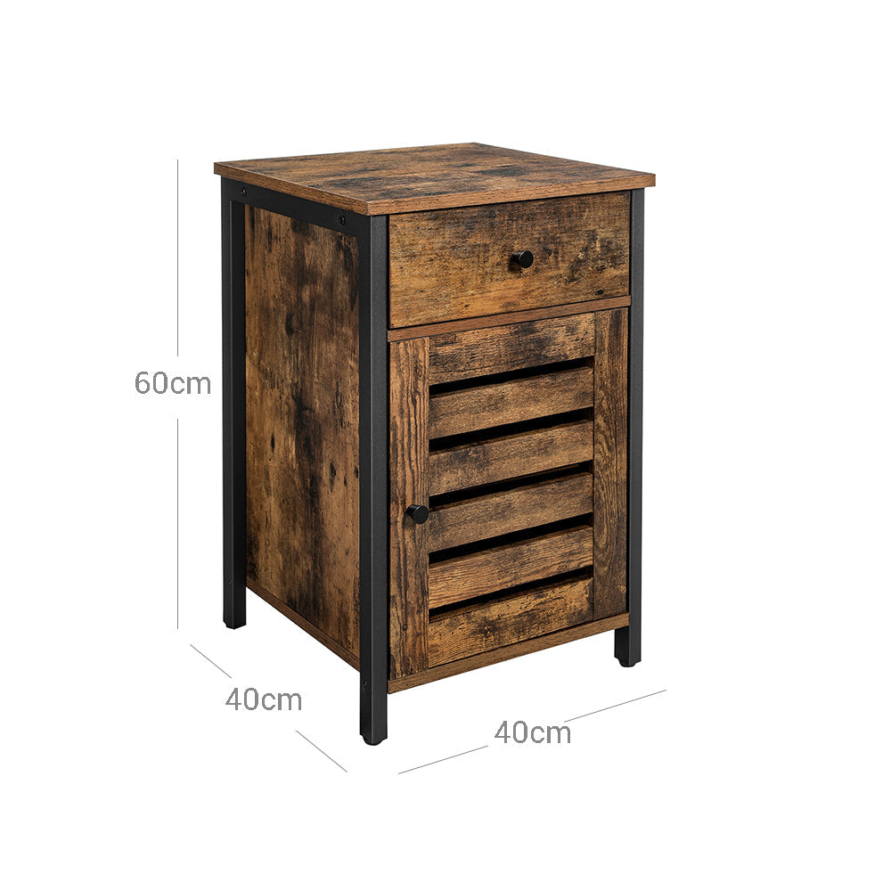 Nightstand – Metal Frame – Rustic Brown and Black – Shutter Door with Storage