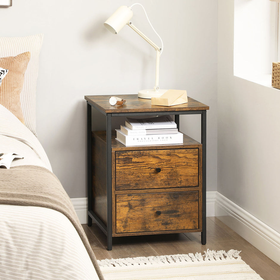 Nightstand – Wood and Metal – Rustic Brown and Black – Open Shelf and 2 Drawers
