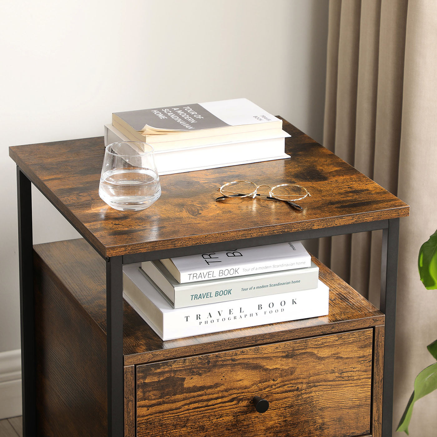 Nightstand – Wood and Metal – Rustic Brown and Black – Open Shelf and 2 Drawers