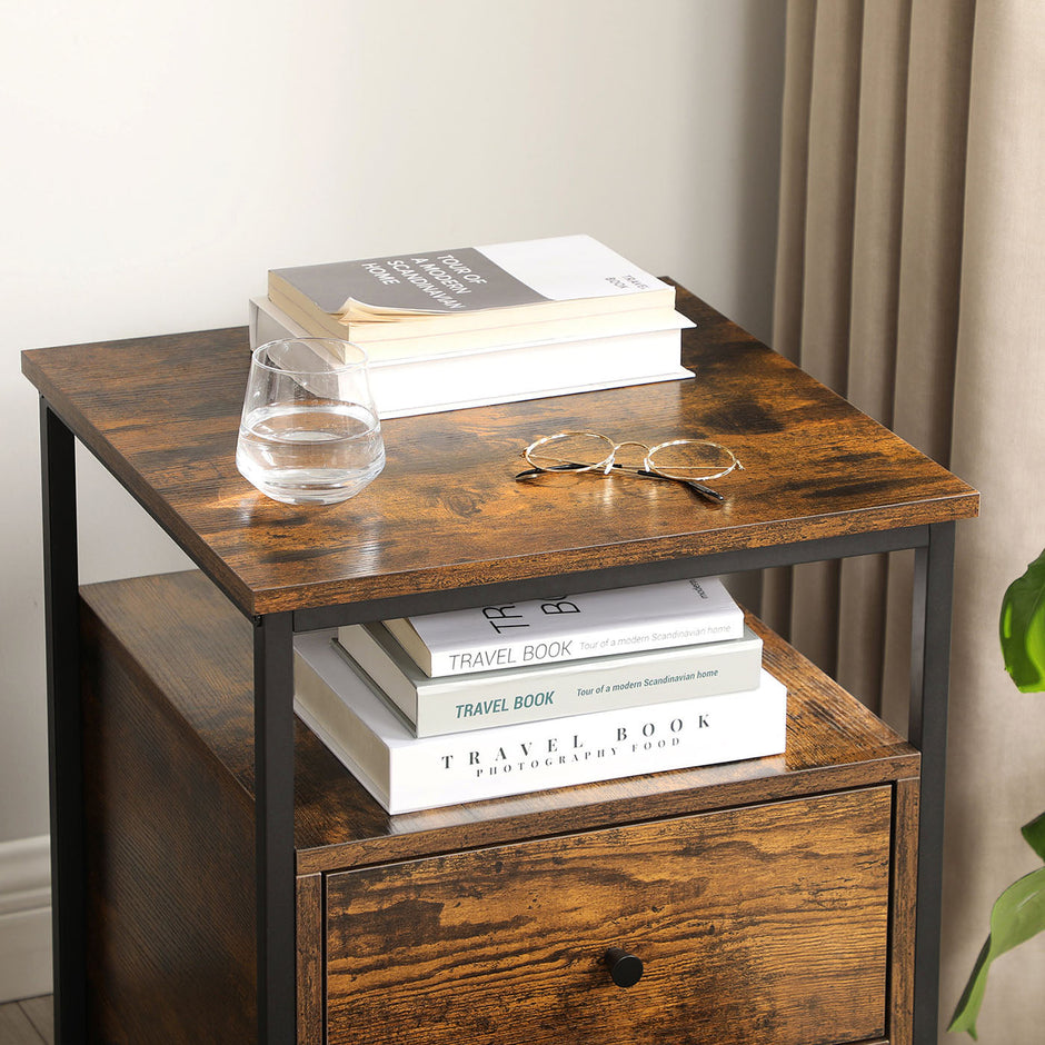 Nightstand – Wood and Metal – Rustic Brown and Black – Open Shelf and 2 Drawers