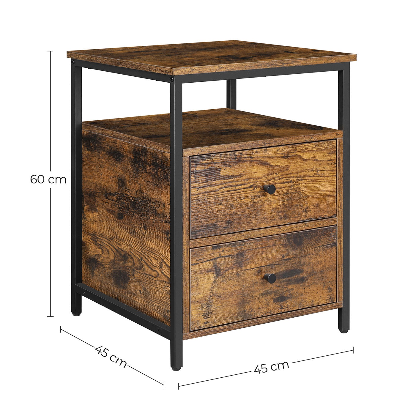 Nightstand – Wood and Metal – Rustic Brown and Black – Open Shelf and 2 Drawers