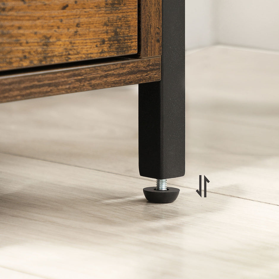 Nightstand – Wood and Metal – Rustic Brown and Black – Open Shelf and 2 Drawers