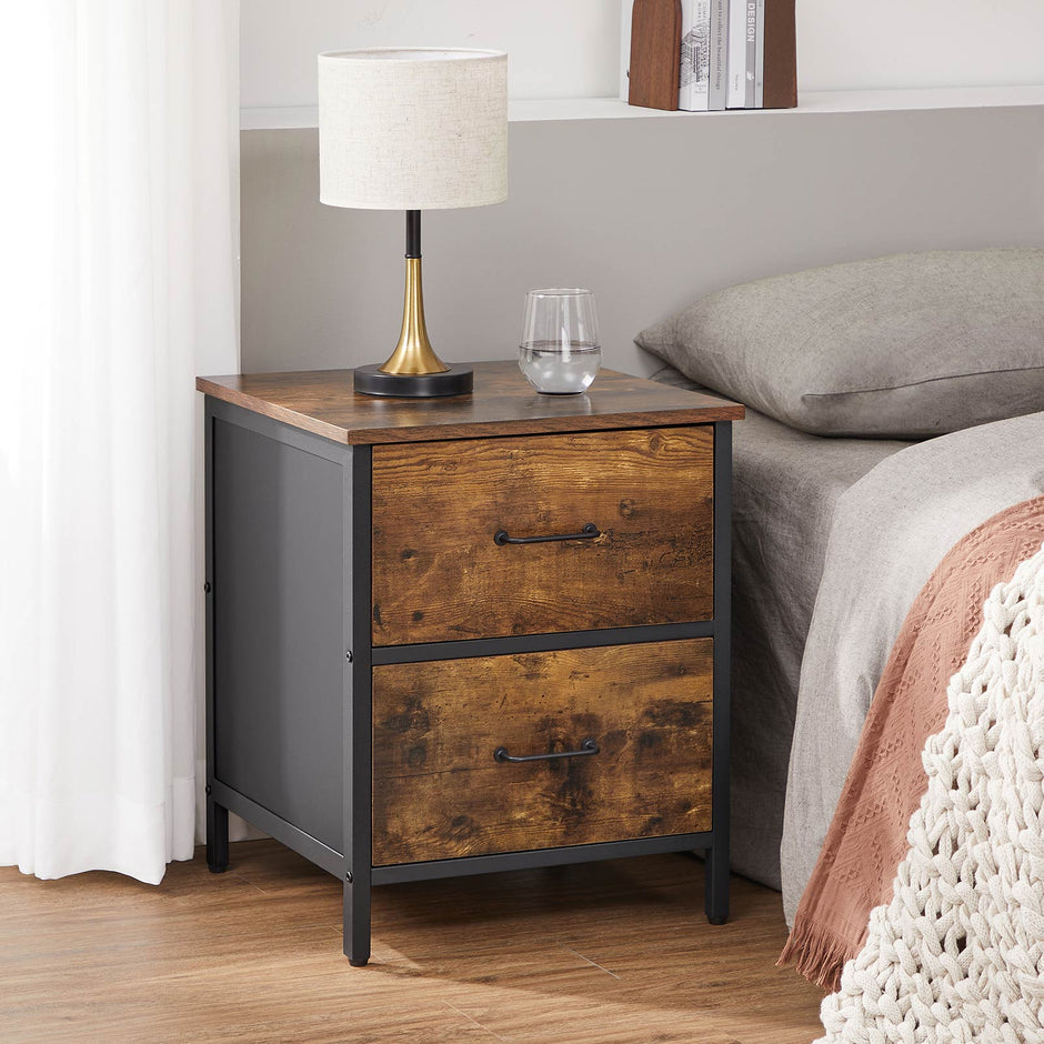 Side Table – Steel Frame – Rustic Brown and Black – 2 Drawers