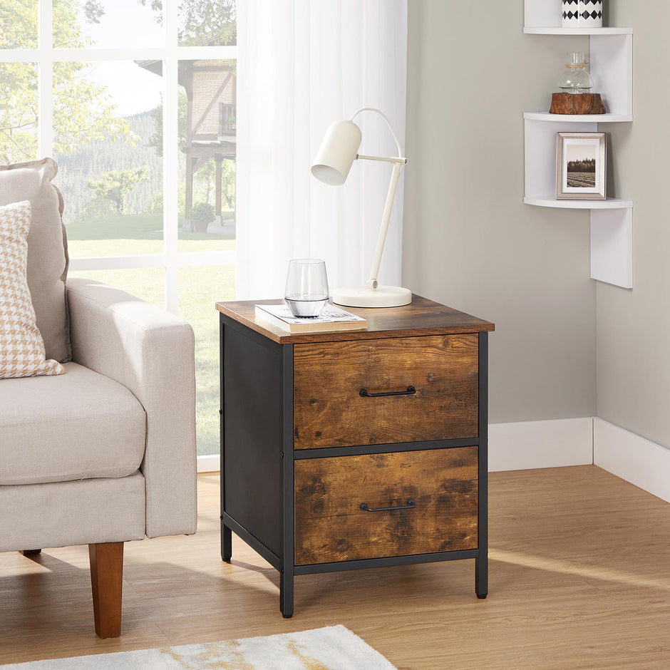 Side Table – Steel Frame – Rustic Brown and Black – 2 Drawers