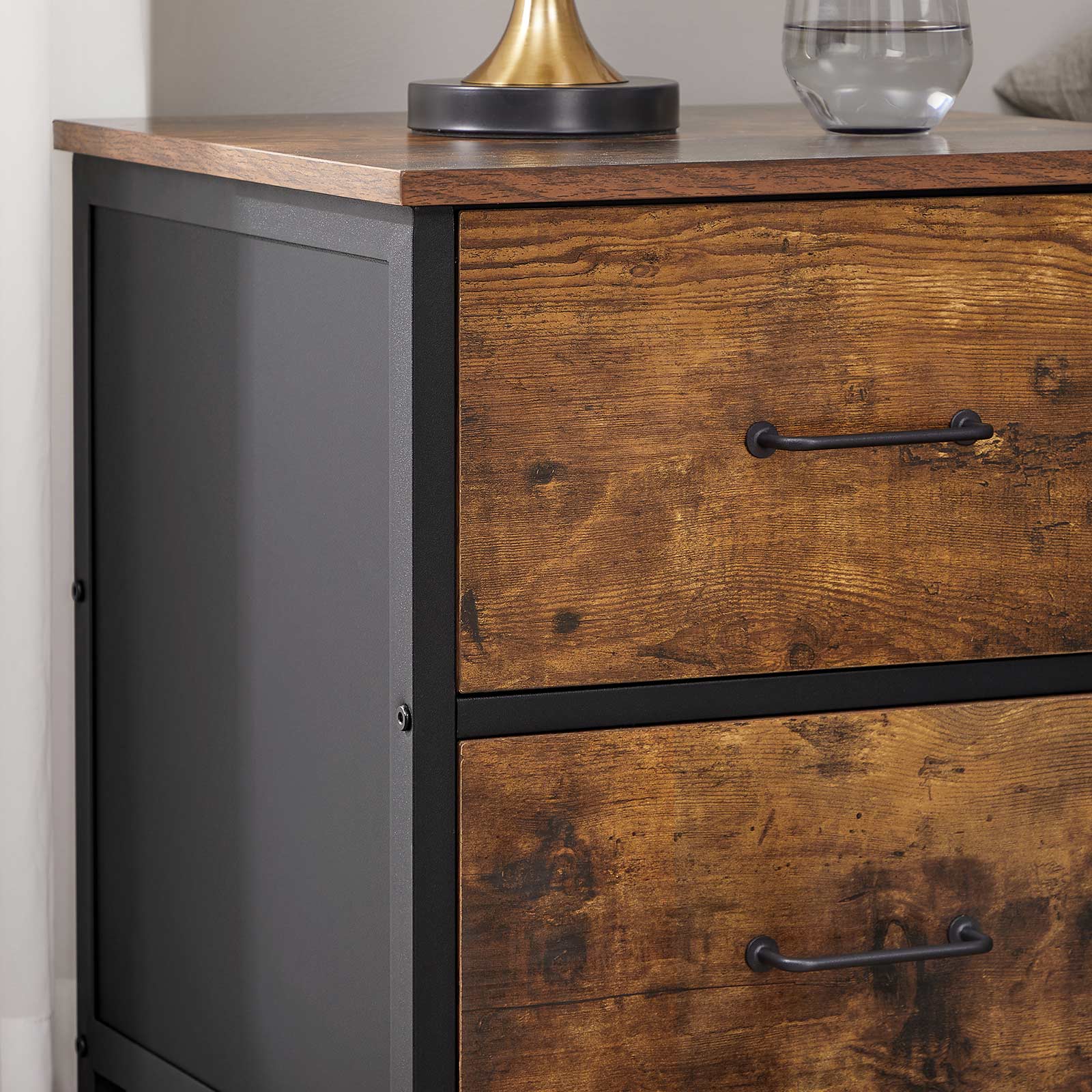 Side Table – Steel Frame – Rustic Brown and Black – 2 Drawers
