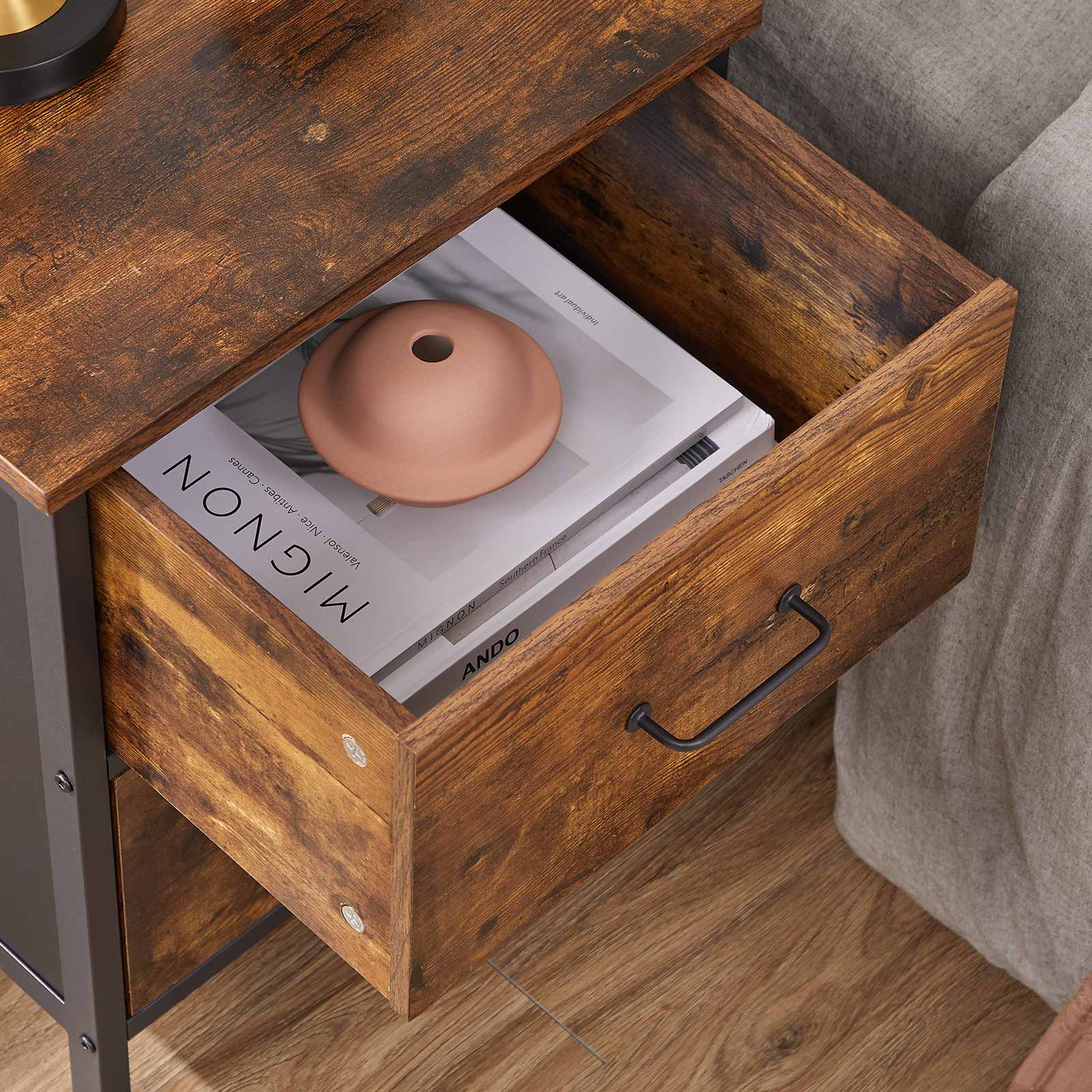 Side Table – Steel Frame – Rustic Brown and Black – 2 Drawers