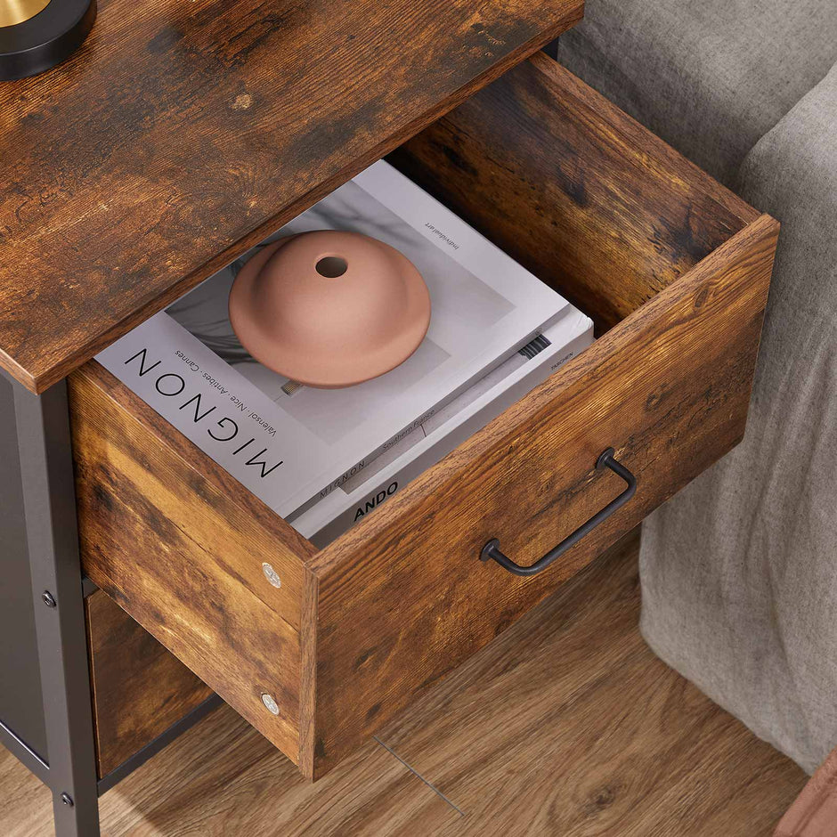 Side Table – Steel Frame – Rustic Brown and Black – 2 Drawers